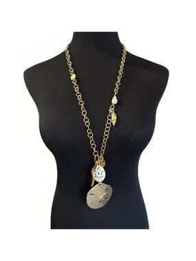 Chico's Gold Tone Beachy Chain Necklace Pendant Charm Sand Dollar Faux Pearl